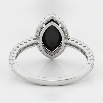 Marquise Black Diamond and White Diamond Halo Ring Natural 14K White Gold