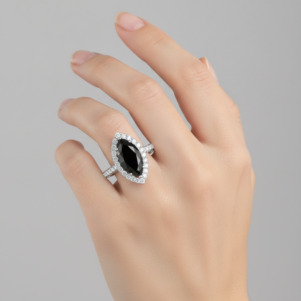 Marquise Black Diamond and White Diamond Halo Ring Natural 14K White Gold