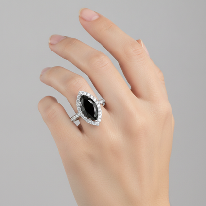 Marquise Black Diamond and White Diamond Halo Ring Natural 14K White Gold