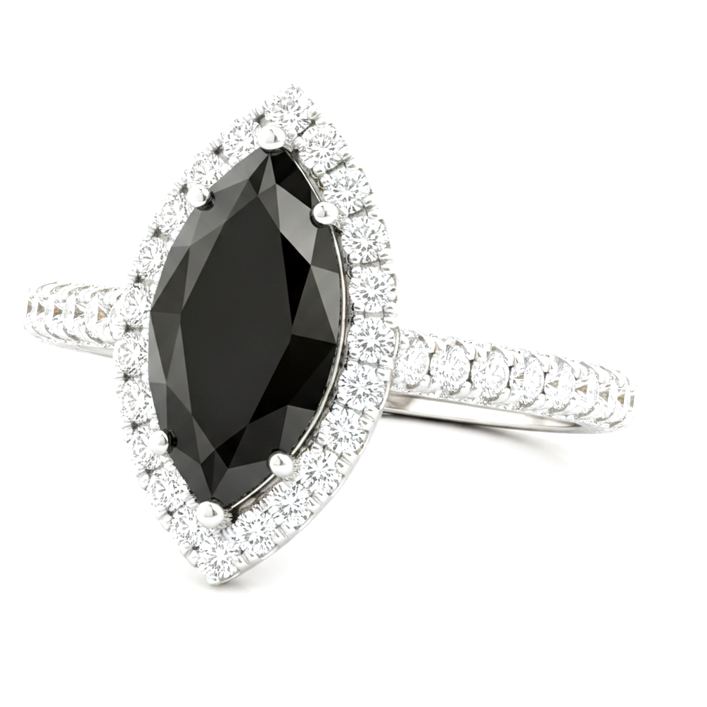 Marquise Black Diamond and White Diamond Halo Ring Natural 14K White Gold