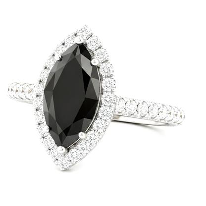 Marquise Black Diamond and White Diamond Halo Ring Natural 14K White Gold