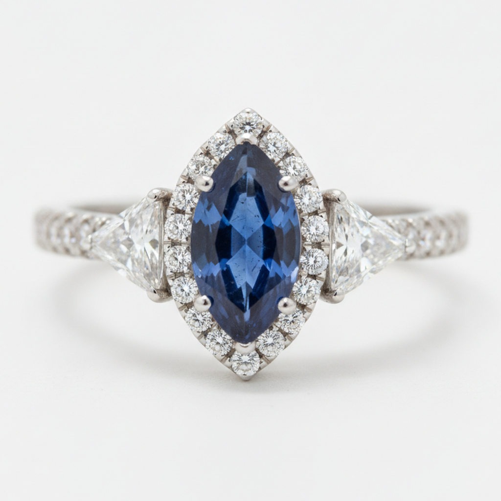 Marquise Blue Sapphire and Diamond Three Stone Halo Ring Natural Platinum