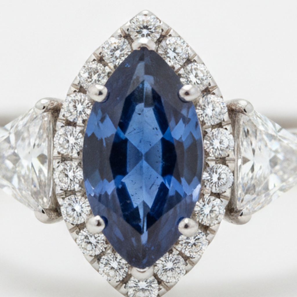 Marquise Blue Sapphire and Diamond Three Stone Halo Ring Natural Platinum