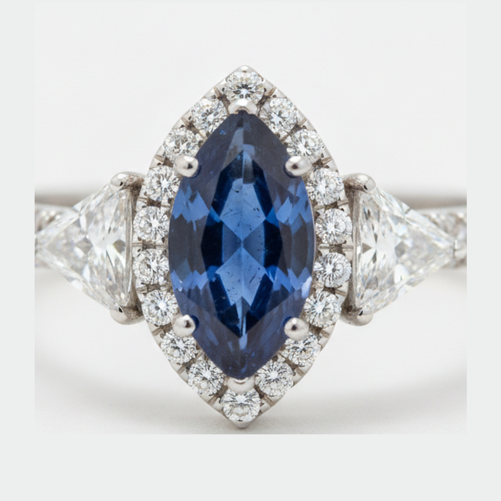 Marquise Blue Sapphire and Diamond Three Stone Halo Ring Natural Platinum