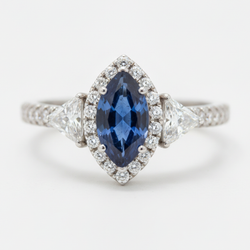 Sapphire Engagement Ring 2 Carat Genuine Marquise Blue Halo Three Stone Platinum