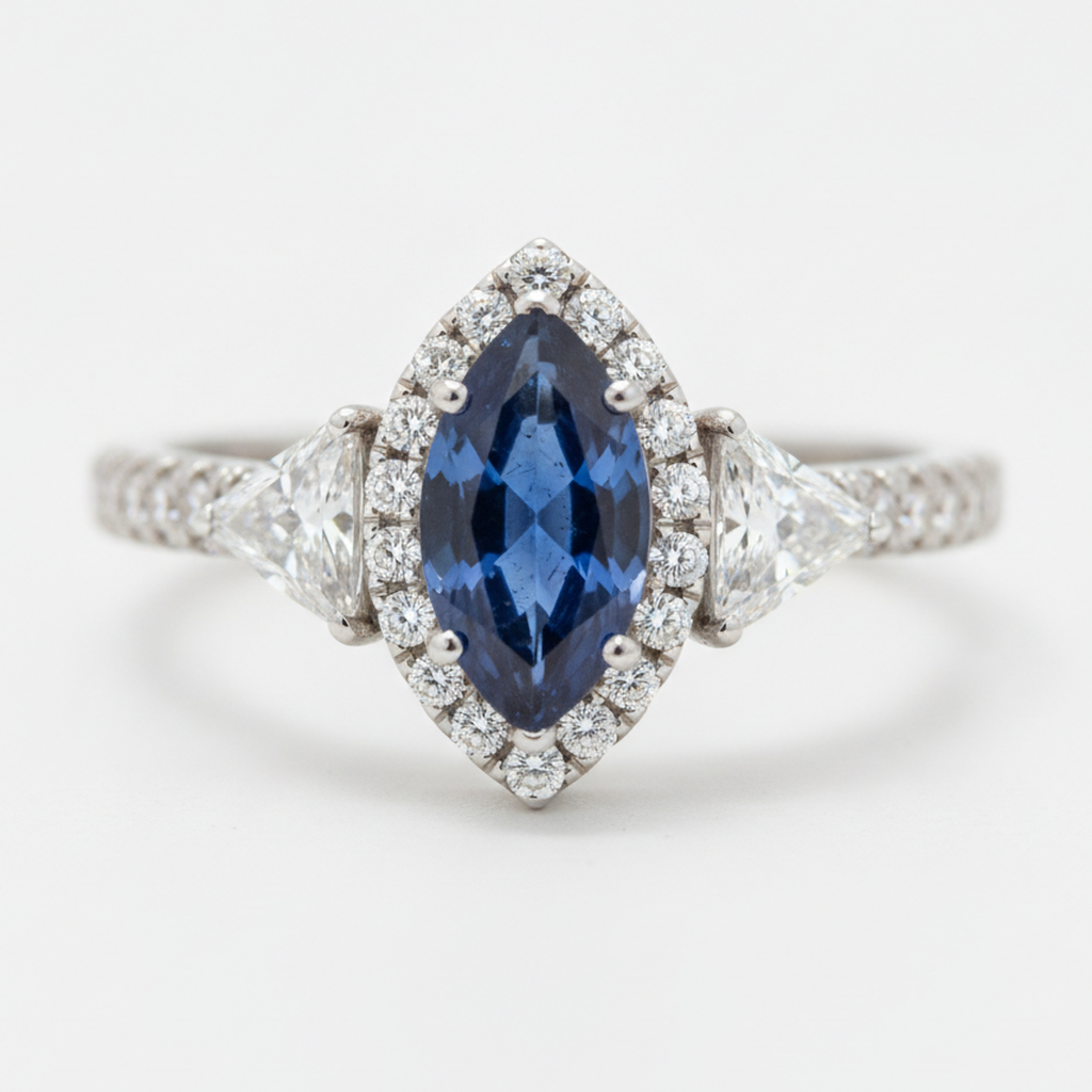 Marquise Blue Sapphire and Diamond Three Stone Halo Ring Natural Platinum