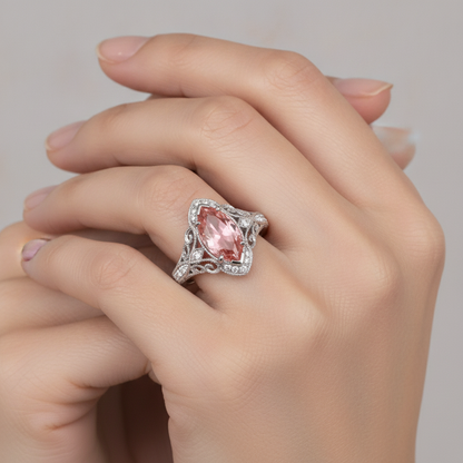 Marquise Lab Grown Padparadscha and Lab Grown Diamond Halo Ring 14K White Gold
