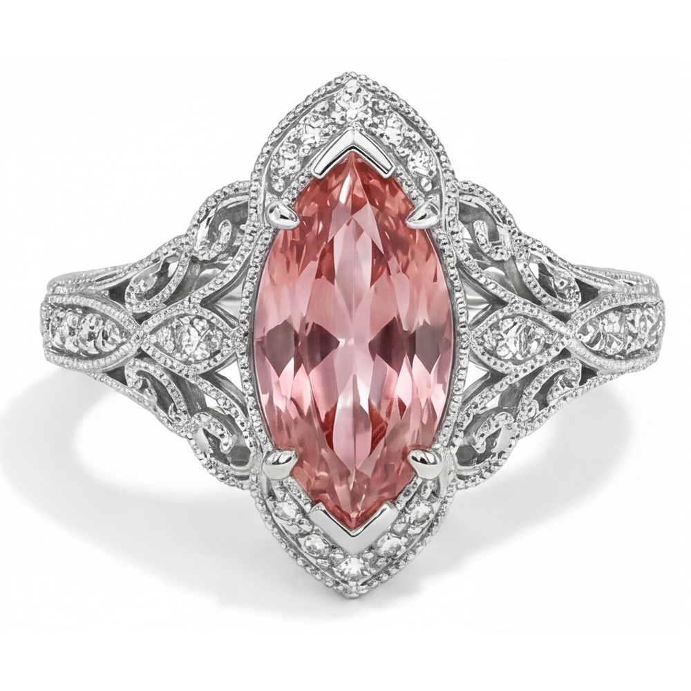 Marquise Lab Grown Padparadscha and Lab Grown Diamond Halo Ring 14K White Gold