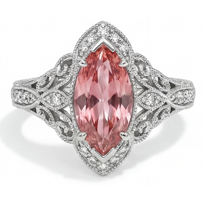 Marquise Lab Grown Padparadscha and Lab Grown Diamond Halo Ring 14K White Gold