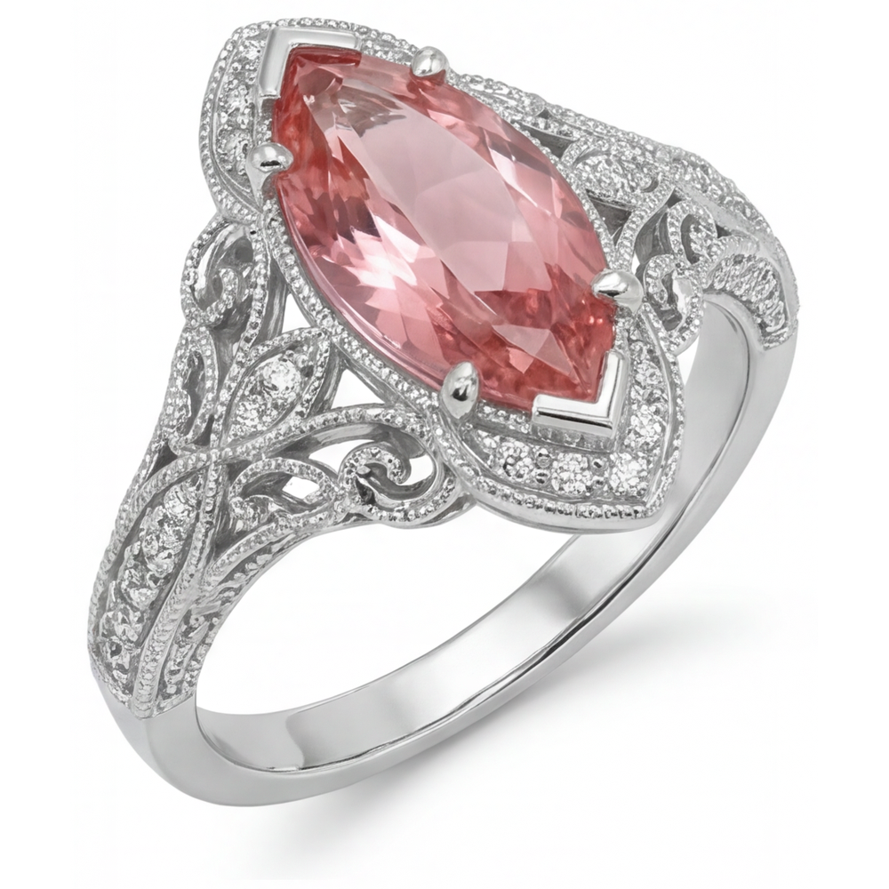 Marquise Lab Grown Padparadscha and Lab Grown Diamond Halo Ring 14K White Gold