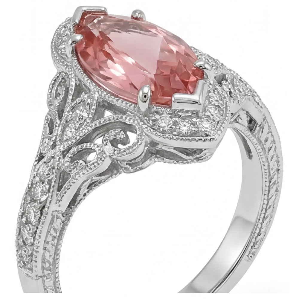 Marquise Lab Grown Padparadscha and Lab Grown Diamond Halo Ring 14K White Gold