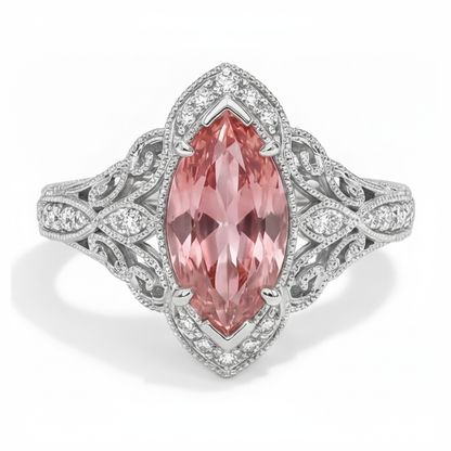 Marquise Lab Grown Padparadscha and Lab Grown Diamond Halo Ring 14K White Gold