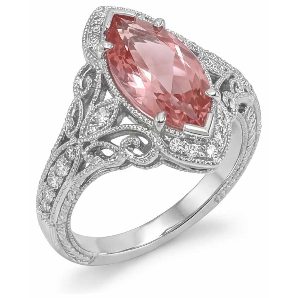 Marquise Lab Grown Padparadscha and Lab Grown Diamond Halo Ring 14K White Gold
