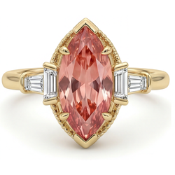 Marquise Lab Grown Padparadscha and Diamond Three Stone Ring 14K Yellow Gold