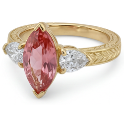 Marquise Lab Grown Padparadscha and Diamond Three Stone Ring 14K Yellow Gold