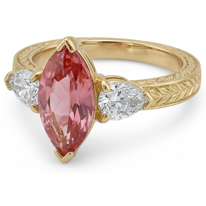 Marquise Lab Grown Padparadscha and Lab Grown Diamond Three Stone Ring 14K Yellow Gold