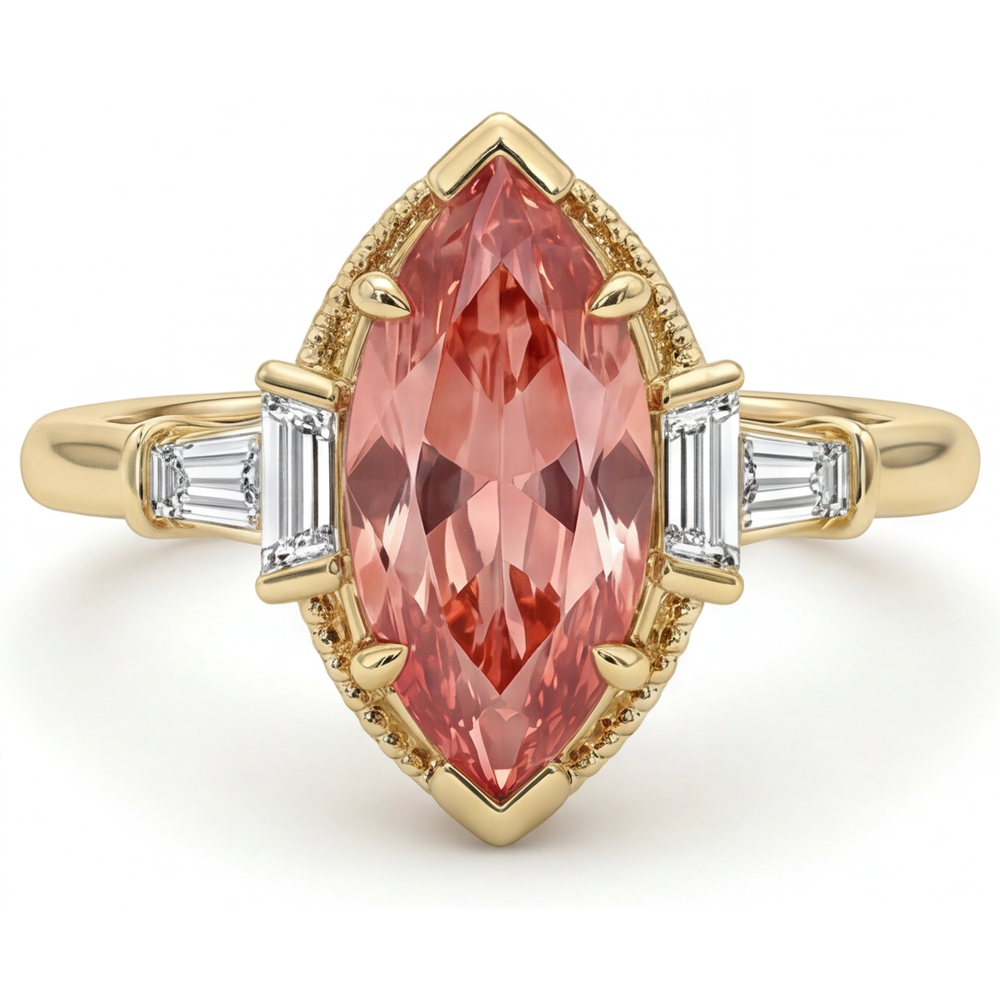 Marquise Lab Grown Padparadscha and Lab Grown Diamond Three Stone Ring 14K Yellow Gold