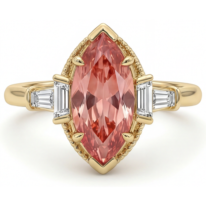 Marquise Lab Grown Padparadscha and Lab Grown Diamond Three Stone Ring 14K Yellow Gold