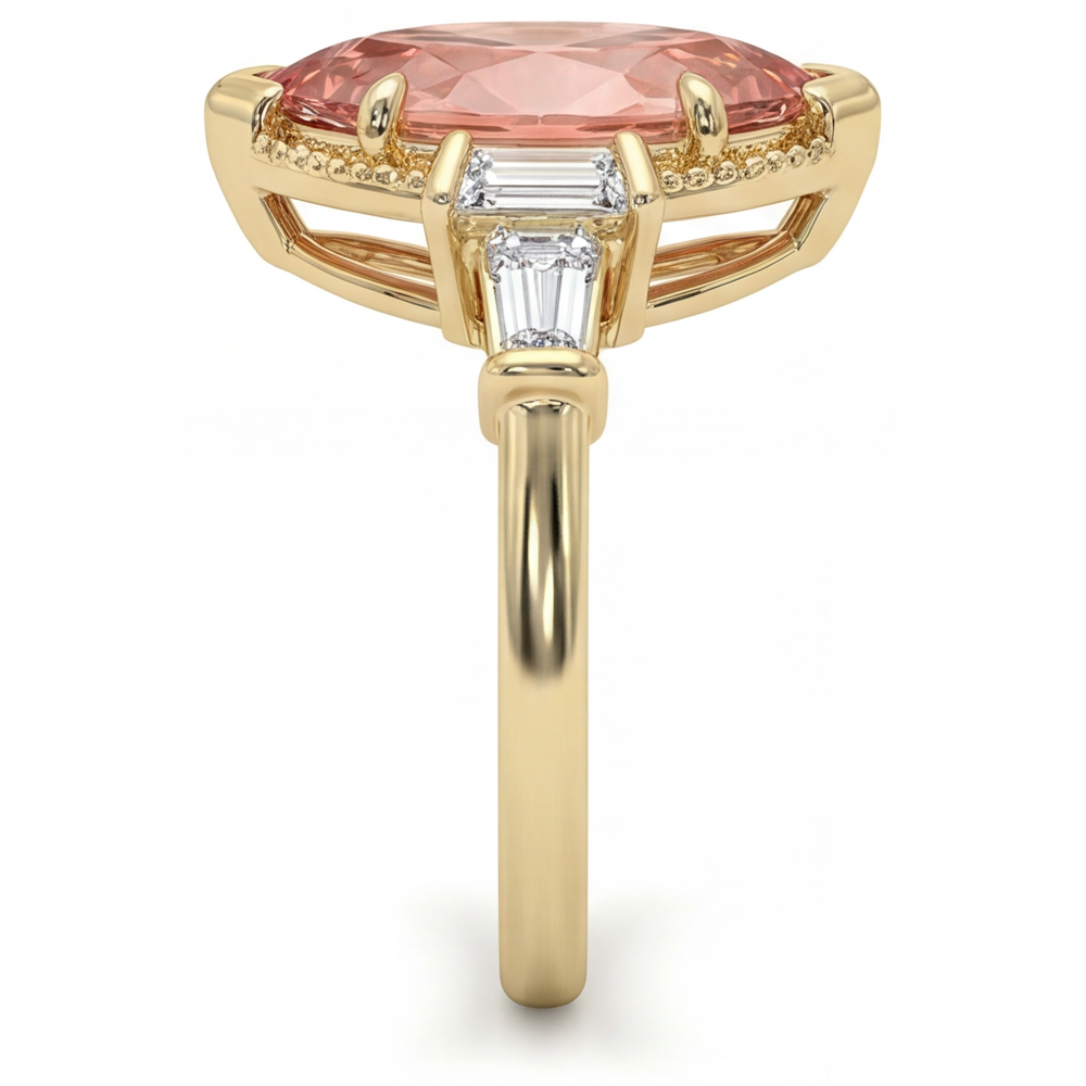 Marquise Lab Grown Padparadscha and Lab Grown Diamond Three Stone Ring 14K Yellow Gold