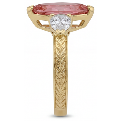 Marquise Lab Grown Padparadscha and Lab Grown Diamond Three Stone Ring 14K Yellow Gold