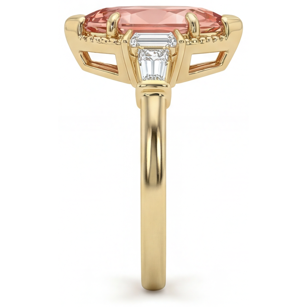 Marquise Lab Grown Padparadscha and Lab Grown Diamond Three Stone Ring 14K Yellow Gold
