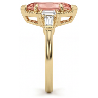 Marquise Lab Grown Padparadscha and Lab Grown Diamond Three Stone Ring 14K Yellow Gold