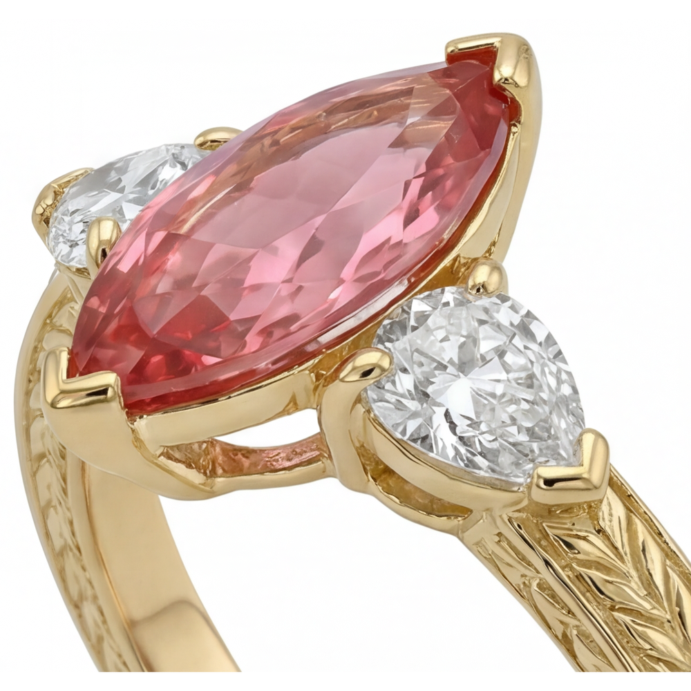 Marquise Lab Grown Padparadscha and Lab Grown Diamond Three Stone Ring 14K Yellow Gold