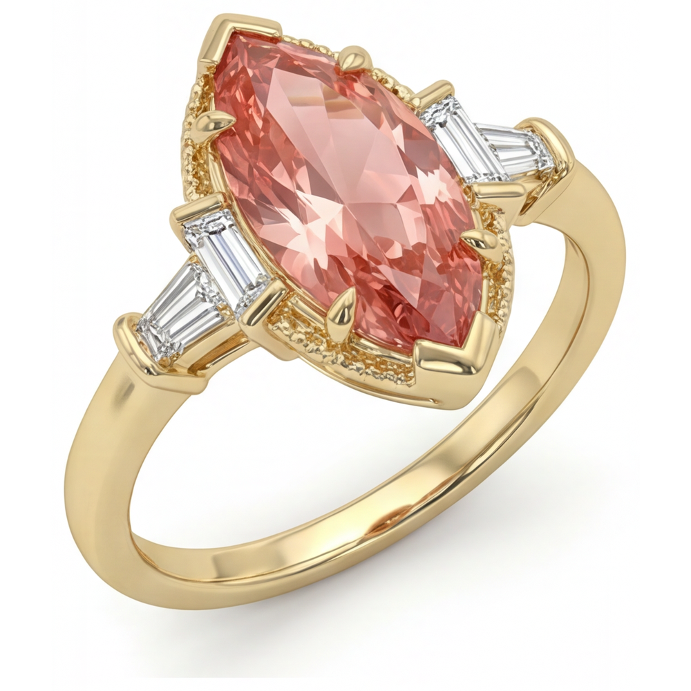 Marquise Lab Grown Padparadscha and Lab Grown Diamond Three Stone Ring 14K Yellow Gold