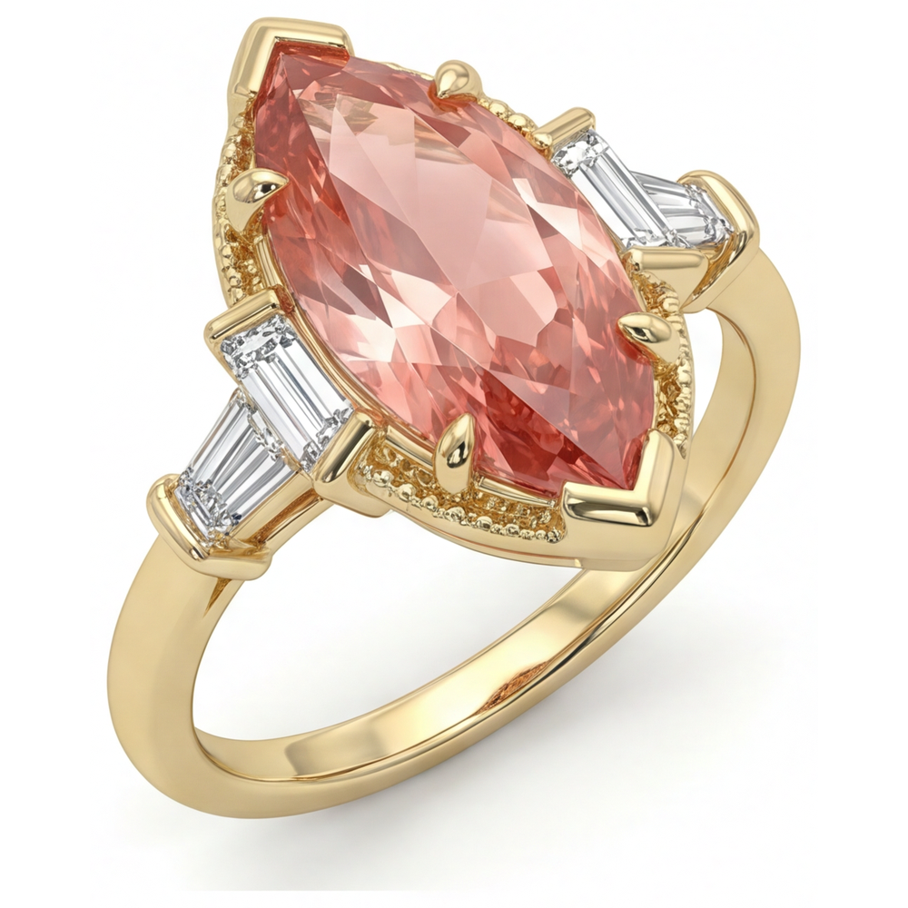 Marquise Lab Grown Padparadscha and Lab Grown Diamond Three Stone Ring 14K Yellow Gold