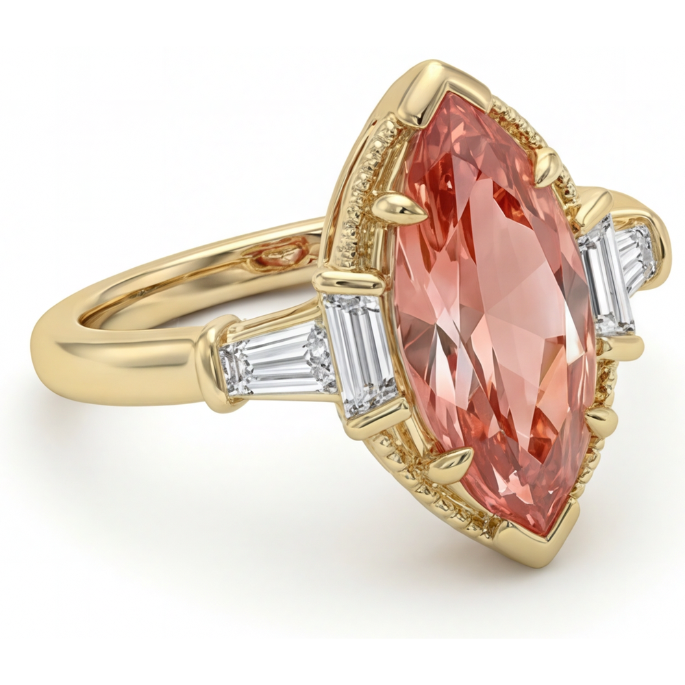 Marquise Lab Grown Padparadscha and Lab Grown Diamond Three Stone Ring 14K Yellow Gold