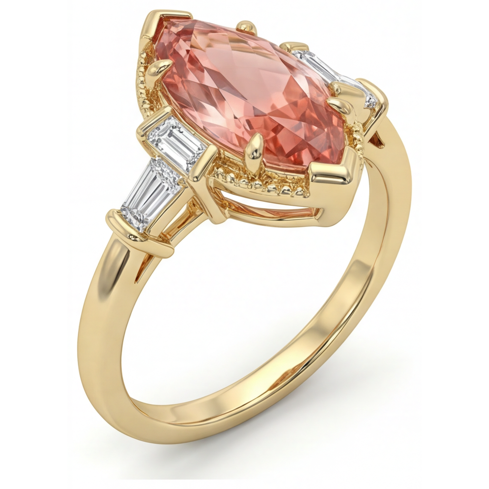 Marquise Lab Grown Padparadscha and Lab Grown Diamond Three Stone Ring 14K Yellow Gold