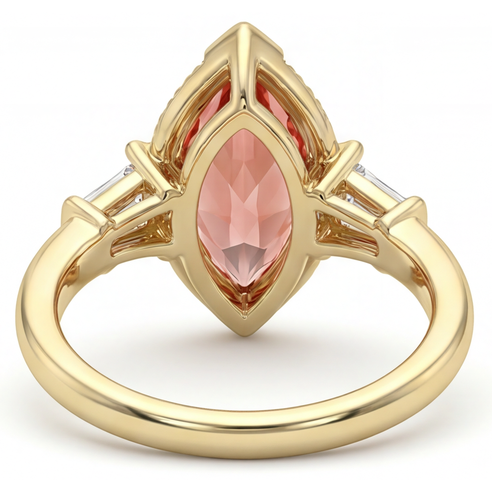 Marquise Lab Grown Padparadscha and Lab Grown Diamond Three Stone Ring 14K Yellow Gold