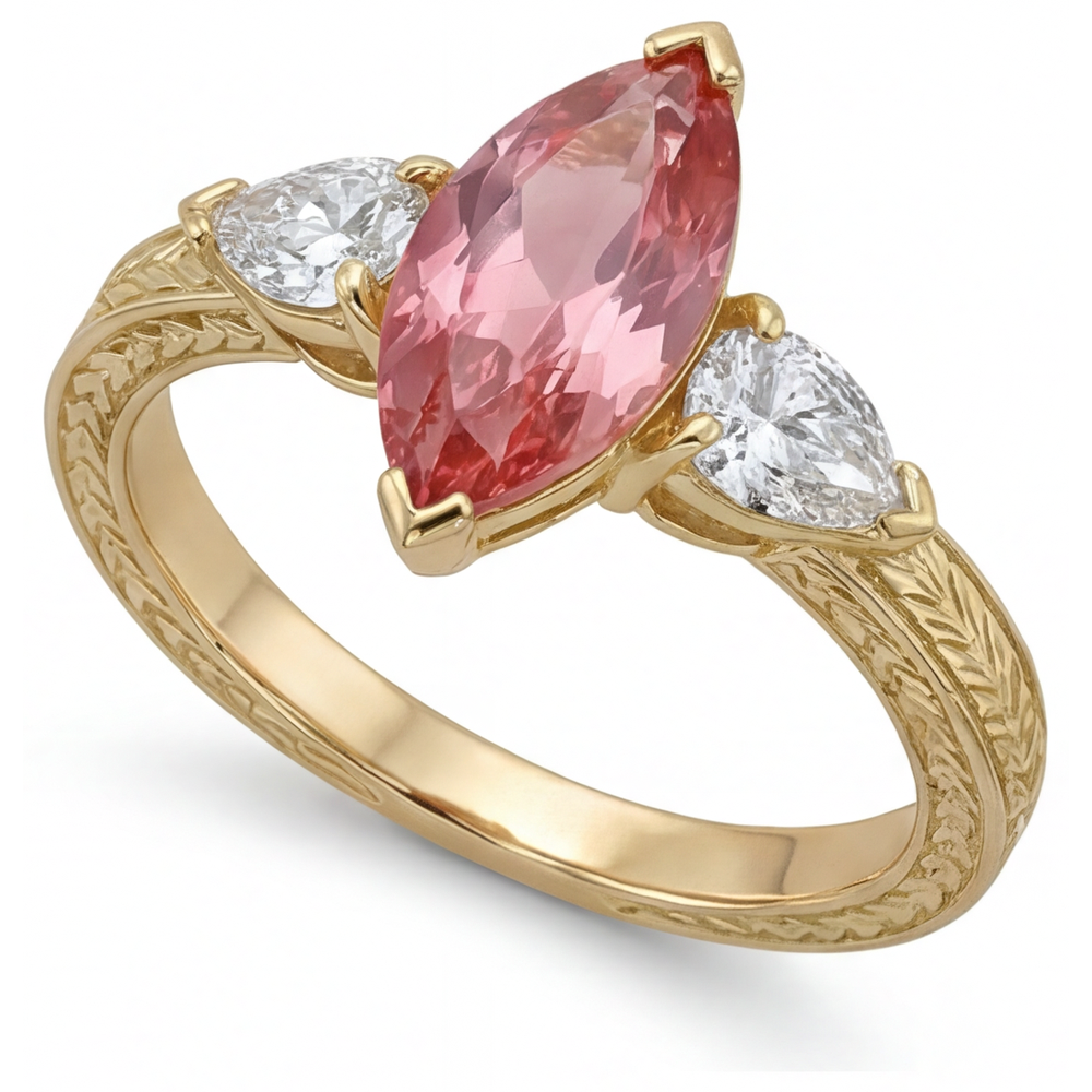 Marquise Lab Grown Padparadscha and Lab Grown Diamond Three Stone Ring 14K Yellow Gold