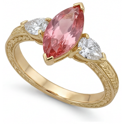 Marquise Lab Grown Padparadscha and Lab Grown Diamond Three Stone Ring 14K Yellow Gold