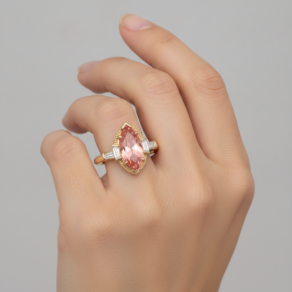 Marquise Lab Grown Padparadscha and Lab Grown Diamond Three Stone Ring 14K Yellow Gold