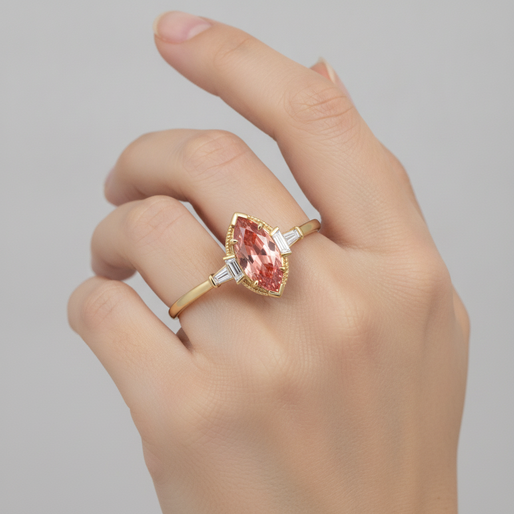 Marquise Lab Grown Padparadscha and Lab Grown Diamond Three Stone Ring 14K Yellow Gold