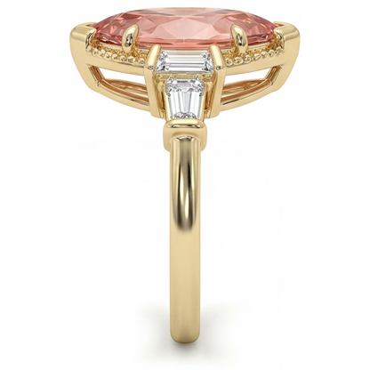 Marquise Lab Grown Padparadscha and Lab Grown Diamond Three Stone Ring 14K Yellow Gold