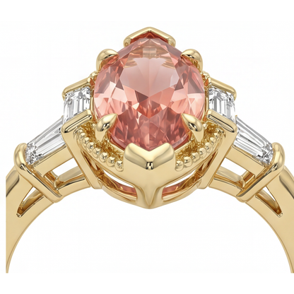 Marquise Lab Grown Padparadscha and Lab Grown Diamond Three Stone Ring 14K Yellow Gold