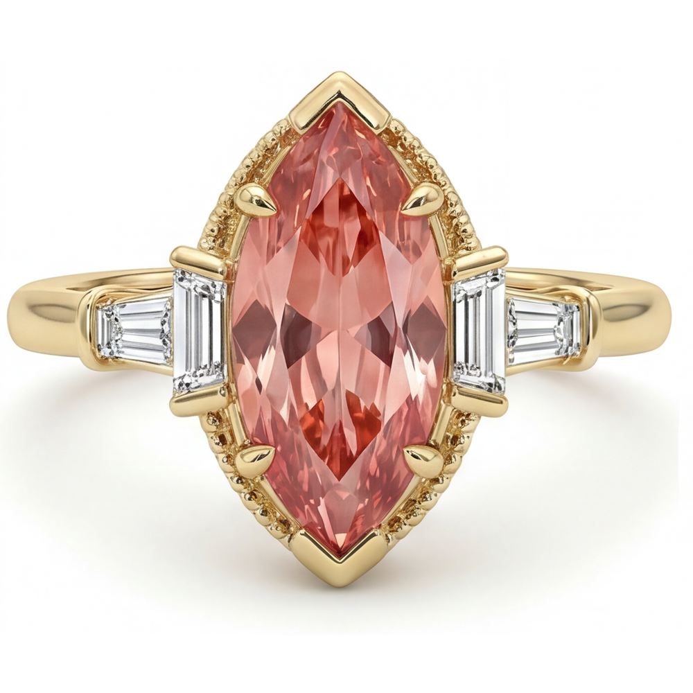Marquise Lab Grown Padparadscha and Lab Grown Diamond Three Stone Ring 14K Yellow Gold