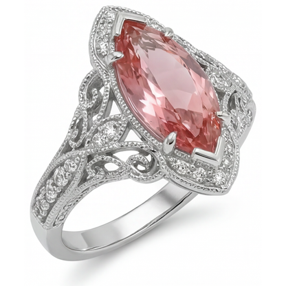 Marquise Lab Grown Padparadscha and Lab Grown Diamond Halo Ring 14K White Gold