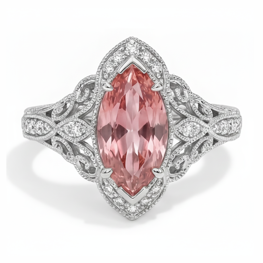 Marquise Lab Grown Padparadscha and Lab Grown Diamond Halo Ring 14K White Gold
