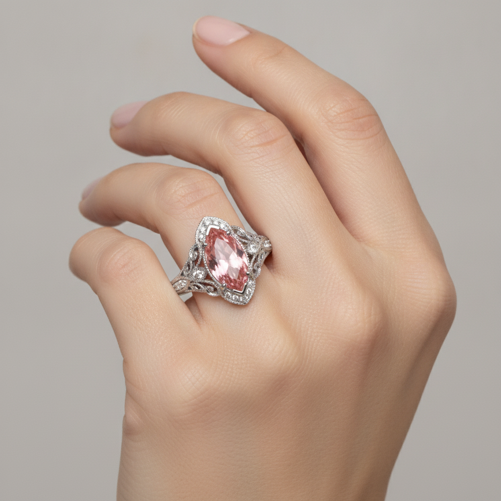 Marquise Lab Grown Padparadscha and Lab Grown Diamond Halo Ring 14K White Gold