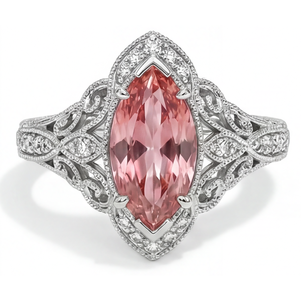 Marquise Lab Grown Padparadscha and Lab Grown Diamond Halo Ring 14K White Gold
