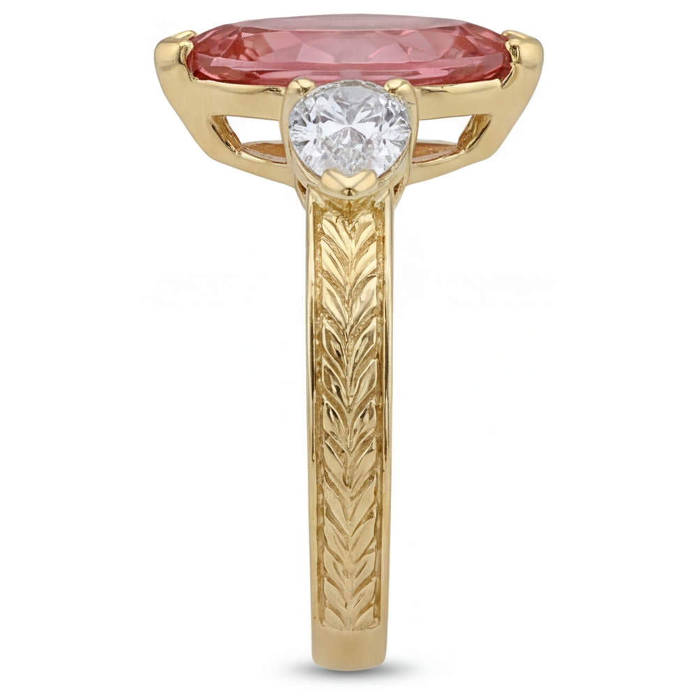 Marquise Lab Grown Padparadscha and Lab Grown Diamond Three Stone Ring 14K Yellow Gold