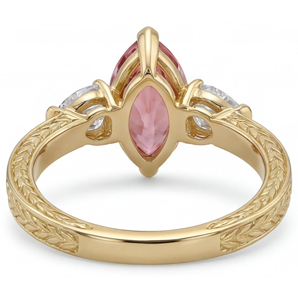 Marquise Lab Grown Padparadscha and Lab Grown Diamond Three Stone Ring 14K Yellow Gold