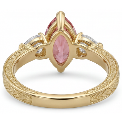Marquise Lab Grown Padparadscha and Lab Grown Diamond Three Stone Ring 14K Yellow Gold