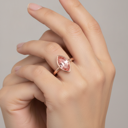 Marquise Lab Grown Padparadscha Bezel Solitaire Ring 14K Rose Gold