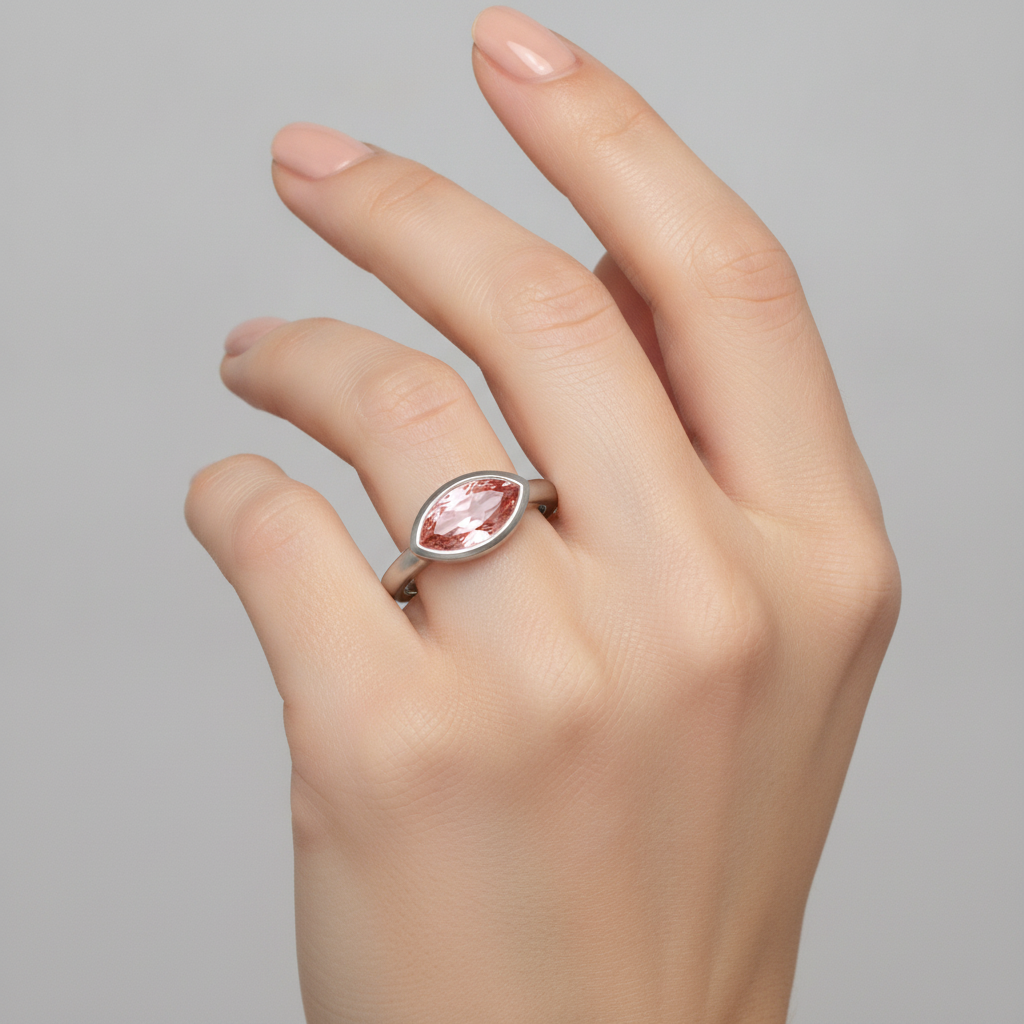 Marquise Lab Grown Padparadscha Bezel Solitaire Ring 14K White Gold