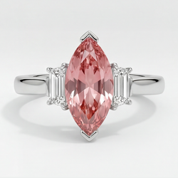 Marquise Padparadscha and White Baguette Three Stone Ring Natural Platinum