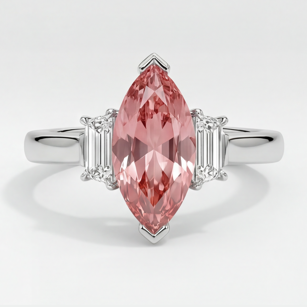 Marquise Padparadscha and White Baguette Three Stone Ring Natural Platinum
